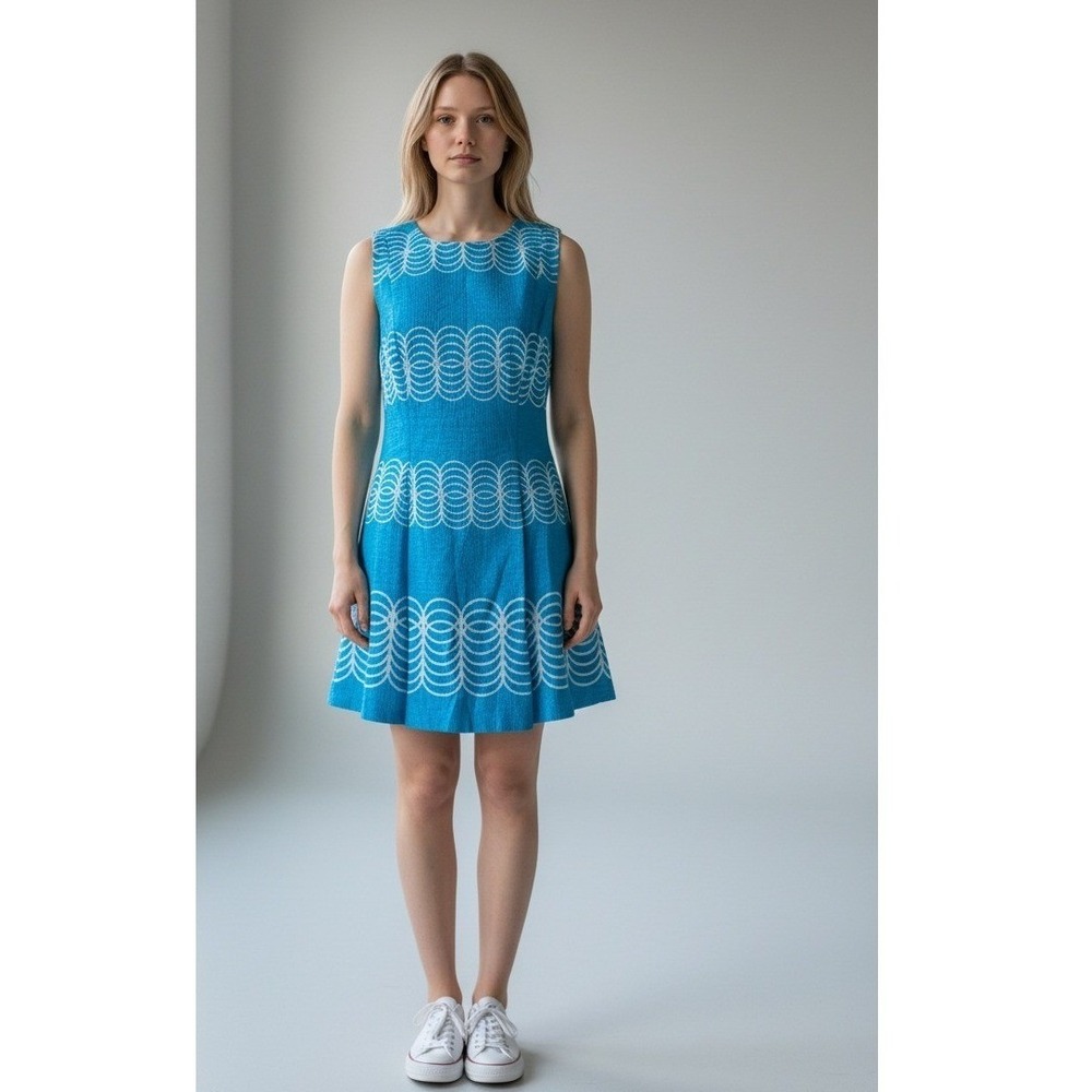 Just Taylor Blue Fit & Flare A-Line Dress Geometric Print‎ Mod Size 14 Cocktail